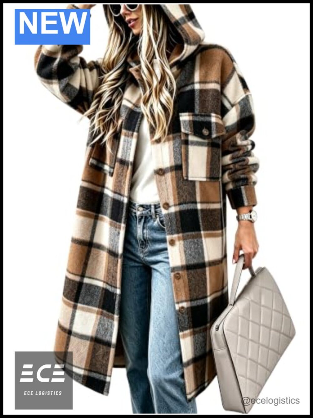 Womens Hooded Plaid Flannel Shacket Oversized Boyfriend Fit